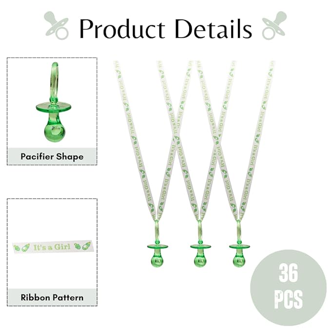 36 Pieces It's a Girl Baby Shower Pacifiers Necklace Acrylic Baby Party Favors Charm Pacifiers Necklace Grosgrain Ribbon Party Decorations Table Scatter (Green)