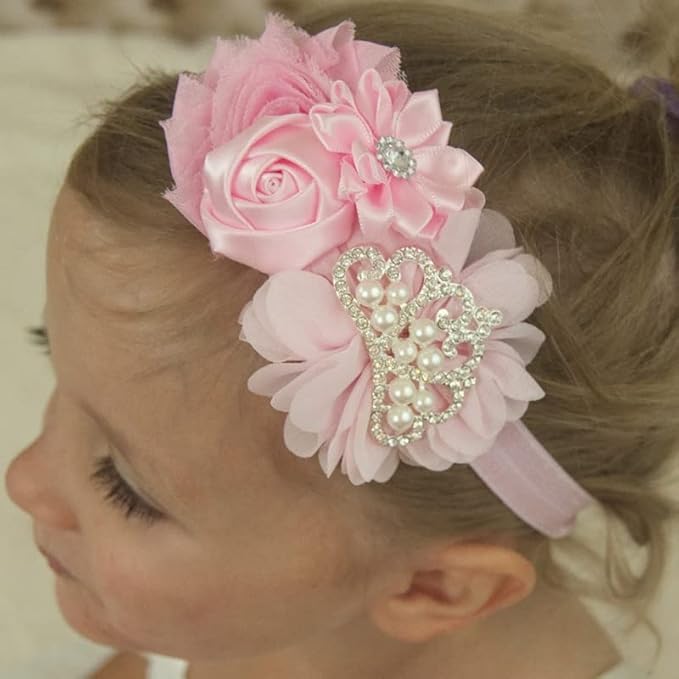 Nishine Baby Christening Headband Toddler Girls Fabric Flower Headband Tiara Stretchy Elastic in Pairs (Child, Pink/Khaki)