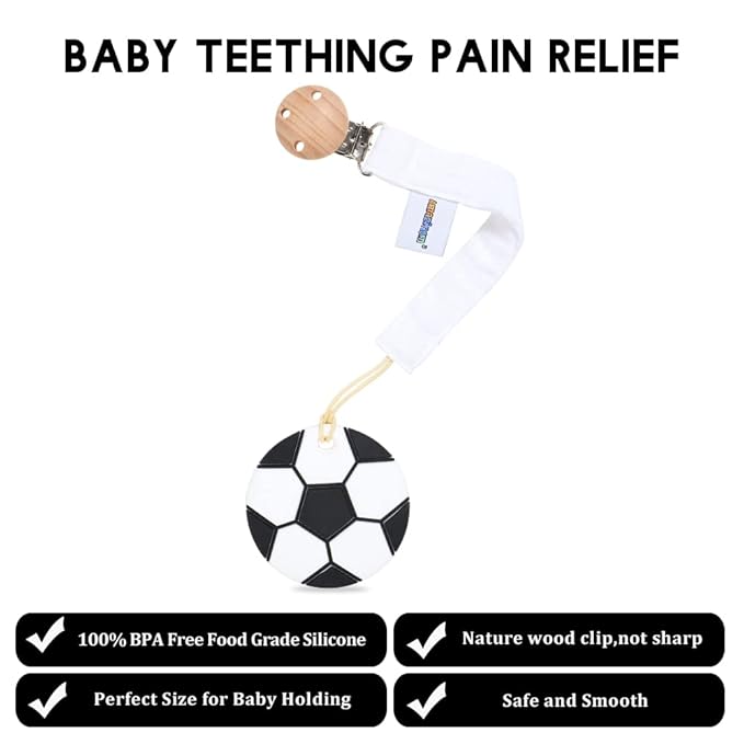 Baby Food Grade Silicone Sports Shape Teether Toy with Pacifier Clip Holder,Teething Pain Relief Toys Gift Set for 3 Months+ Boys and Girls,Freezer Safe,BPA Free (Soccer)