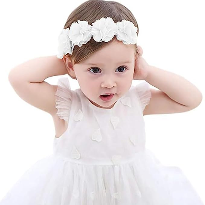 Lace Flower Bow Baby Girls Headband Pink Knot Infant Wrap Soft Chiffon Elastic Baby Turban Hair Band for Newborn Infant Toddler Kids (White A)