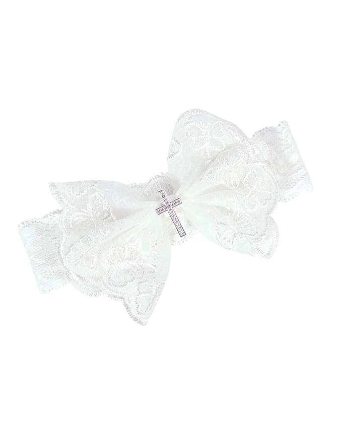 BBTDIN Baptism Christening Headbands Baby Girls Flower Lace Hair Hand White Bow BBG11 (B1-Bow with Cross)