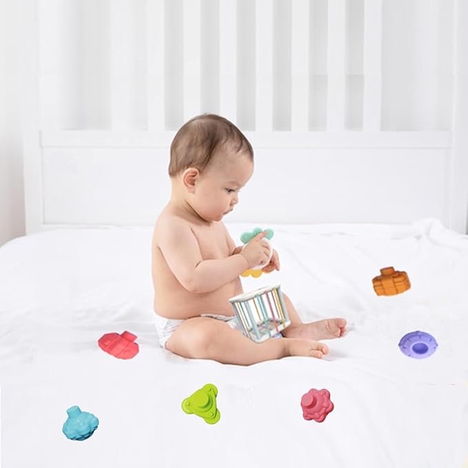 Montessori Toys,6 Pc Multi Sensory Shape Toys and Cube Bin, Shape Sorter Baby Toys for Girls Boys Birthday Gift,Toddler Developmental Learning Toys,Learning & Fine