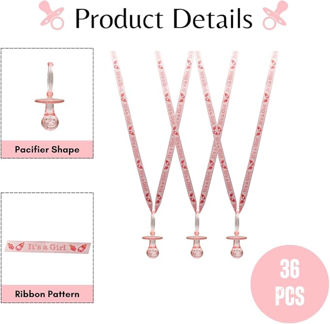36 Pieces It's a Girl Baby Shower Pacifiers Necklace Acrylic Baby Party Favors Charm Pacifiers Necklace Baby Shower Party Decorations Table Scatter (Pink)