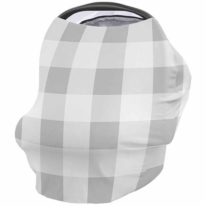 Grey White Plaid Car Seat Covers for Babies, Modern Geometric Minimalist Grid Nursing Breastfeeding Covers Stretchy Breathable Baby Carseat Canopy Cover for Girls and Boys Shower Gifts