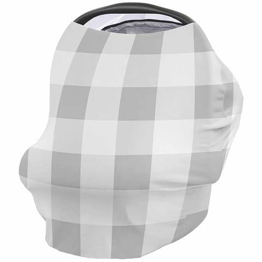 Grey White Plaid Car Seat Covers for Babies, Modern Geometric Minimalist Grid Nursing Breastfeeding Covers Stretchy Breathable Baby Carseat Canopy Cover for Girls and Boys Shower Gifts