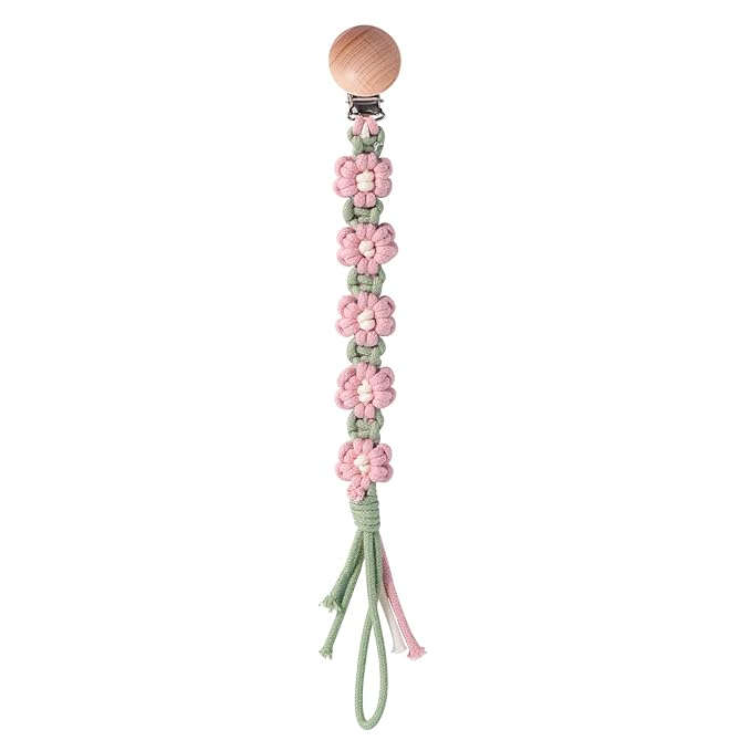 Pacifier Clip for Boys Girls Floral Daisy Macrame Paci Clip Pacifier Holder Leash Boho Wooden Clips Handmade Braided Cotton Unisex Baby Shower Birthday Gift