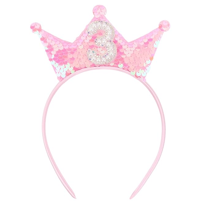 Birthday Crown Headband Pink Glitter Headbands for Girls 3 Year Old Girl Gifts 3rd Birthday Decorations