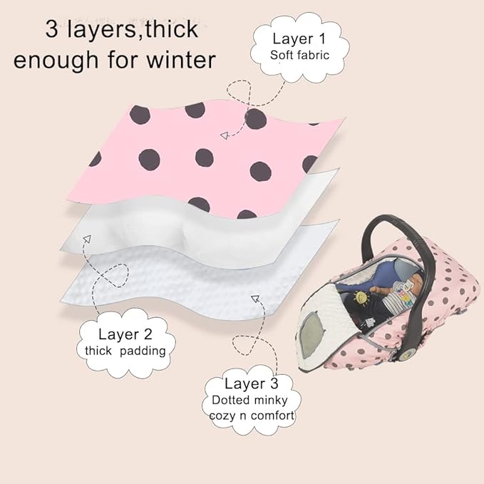 Carseat Cover Girls, Winter Baby car seat Covers for Infant car seat, Baby Carrier Cover Canopy, Window in Door Zipper Open, Thick Padded, Pink dots;