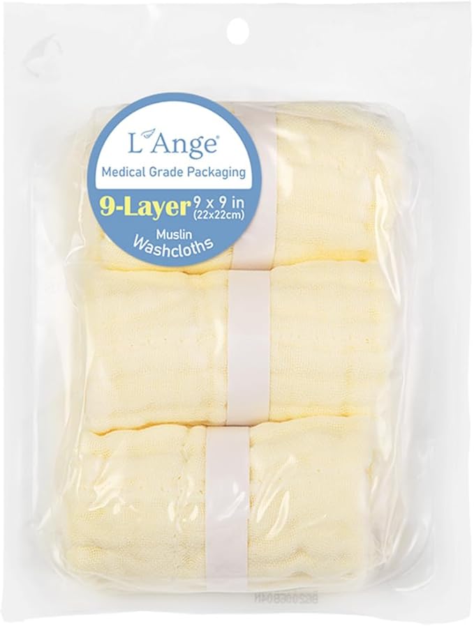 L'Ange Baby Washcloths and Burp Cloths Set - 3 Pack of 9 Layer 100% Cotton Muslin for Sensitive Skin - Super Absorbent - Medical Grade Packaging for Infants Newborns and Toddlers- 9x9 -Yellow