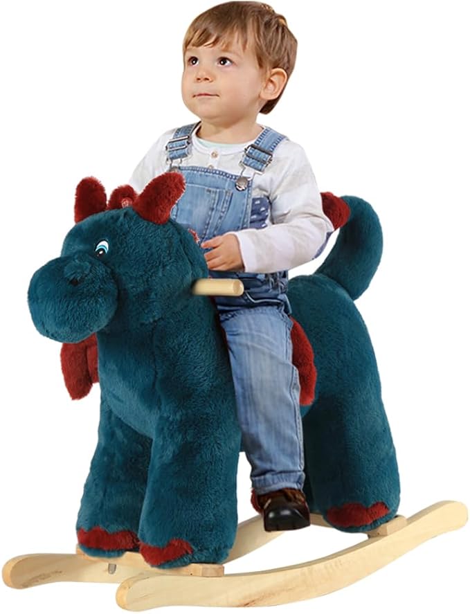 Rocking Horse Dragon, Baby Animal Rocker, Plush Rocking Horse with Sweet Music, Ride on Horse,Wooden Rocking Horse for Toddlers 18+ Months, (Blue Dragon), CPC Certified
