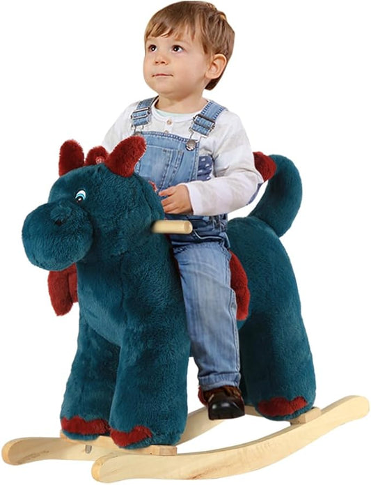 Rocking Horse Dragon, Baby Animal Rocker, Plush Rocking Horse with Sweet Music, Ride on Horse,Wooden Rocking Horse for Toddlers 18+ Months, (Blue Dragon), CPC Certified