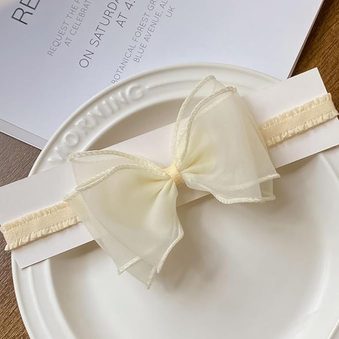 Cute Lace Bow Baby Girls Headbands White Knot Headband Soft Chiffon Hair Band for Newborn Infant Toddler Kids Hair Accessories (Beige A)