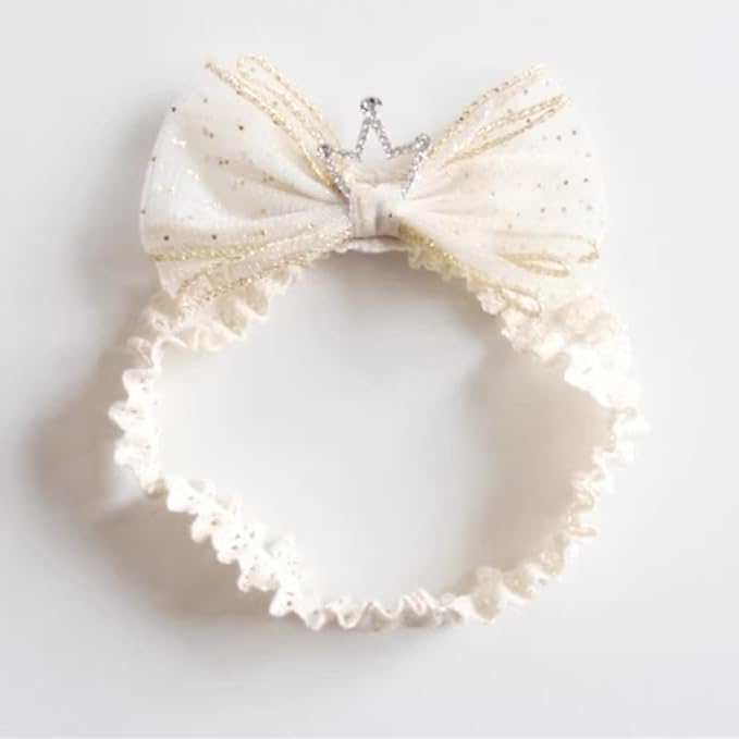 Baby Girls Hairband White Bow Lace Headbands Handmade Soft Stretchy Bowknot Hairbands Newborn Headband with Bows Pearls Elastic Head Band for Newborn Infant(Beige Crown Bow)