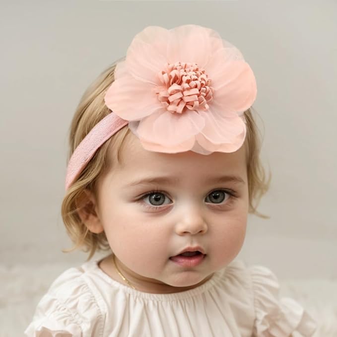 Large Flower Elastic headband for Baby Girl Infant Soft Fabric Chiffon Floral Hairband Toddler Newborn Christening Baptism Hair Accessories (Flower 5 - Pink, Elastic)