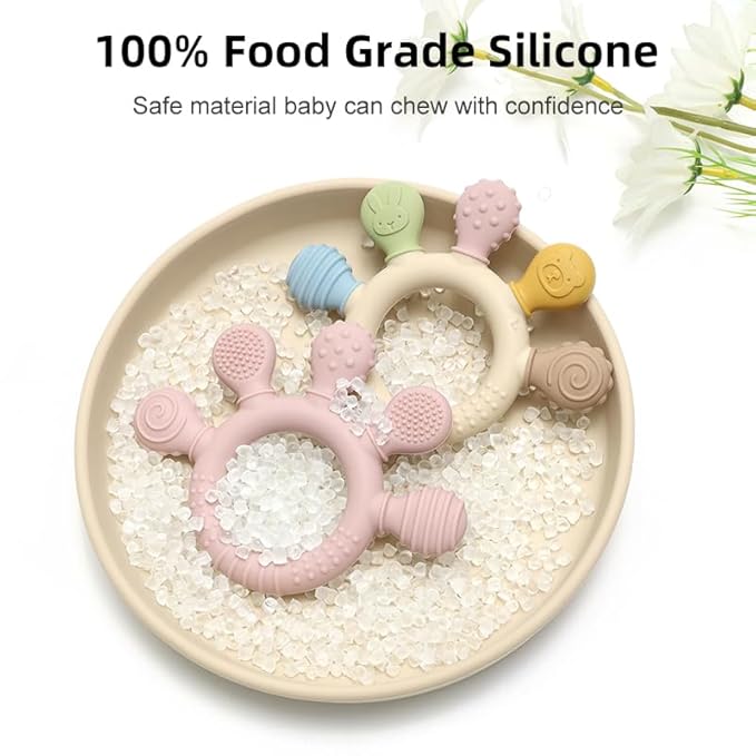 HippoBaby Silicone Teether for Babies 2-Pack – Soft & Easy Grip Teething Toys for Infants & Toddlers – 100% Food Grade Silicone, CPC Certified, BPA-Free Gum Soothers (Palm Teether/Colorful & Pink)