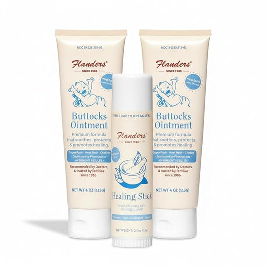 Flanders Skin Relief Bundle – 2 Tubes of Buttocks Ointment and 1 Stick of Healing Balm, Pharmacist Developed, Safe for Sensitive Skin, Made in USA