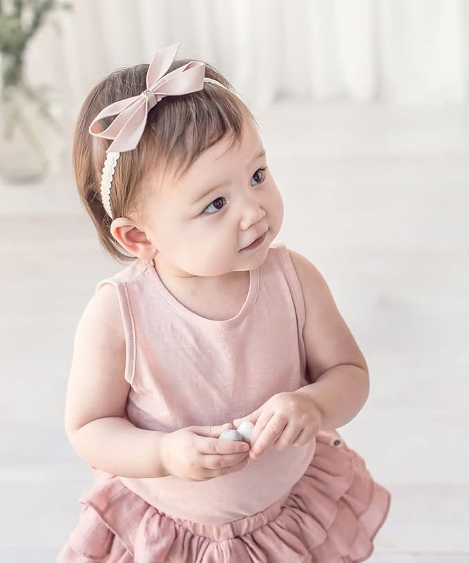 Baby Girls Lace Bow Headband Cute Chiffon Bow-Knot Toddler Hairband Elastic Soft Lace Infants Birthday Party Hair Accessories (Pink-2, One size)