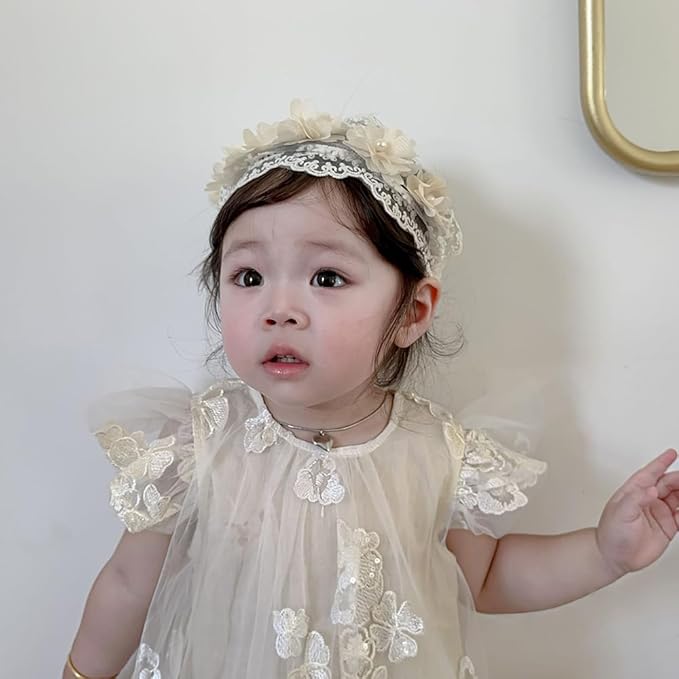Baby Girls Headband Lacy Bow Pearl Wide Hair Band Turban for Infants Newborn Toddler Floral Ivory Elastic Head Wrap Breathable Sun Bonnet Hair Accessories (Ivory E)
