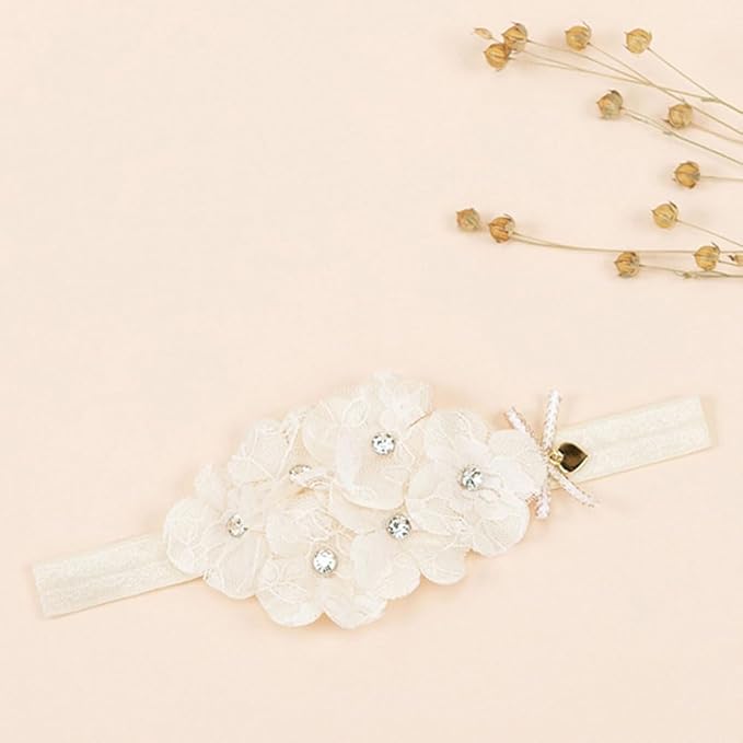 Baby Girl Headband White Lace Hairband Elastics Flower Head Wrap Hair Accessories Gift for Newborn Infant Toddlers Kids Baptism Shower Gift Birthday Wedding Party (Style 3)