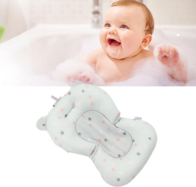 ciciglow Baby Bath Cushion Pad Newborn Bathtub Mat, Nonslip Floating Seat with Support for Head, Neck, and Back,Sling, 0-12 Months (Light Blue Stars)