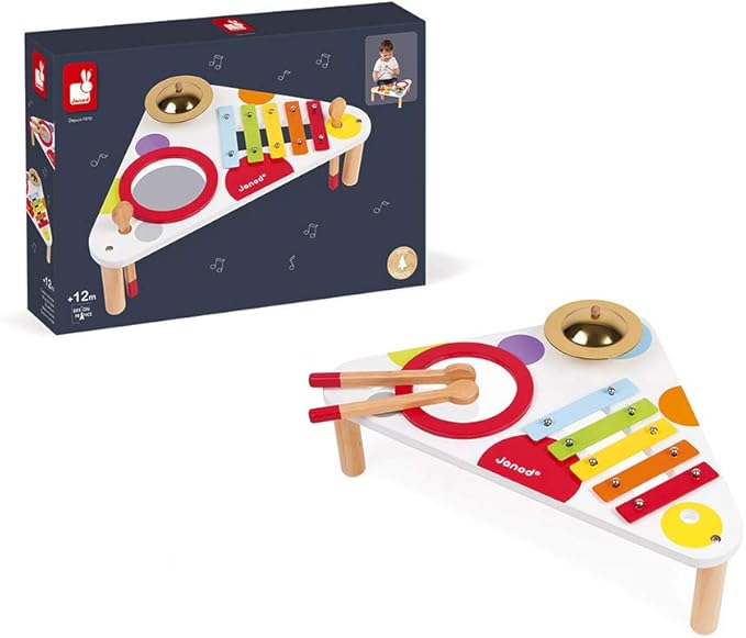 Janod Confetti Wood Musical Table - Includes 3 Instruments - Ages 12 Months+ - J07634