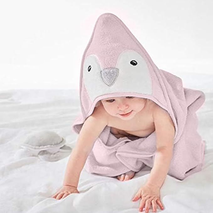 Happy & Sweet Baby Gift Set - Bamboo Viscose Hooded Penguin Bath Towel, Mitt Washcloth, and Squirt Bath Toy for Girls – Ballet Slipper Color - Bonus eBook Included