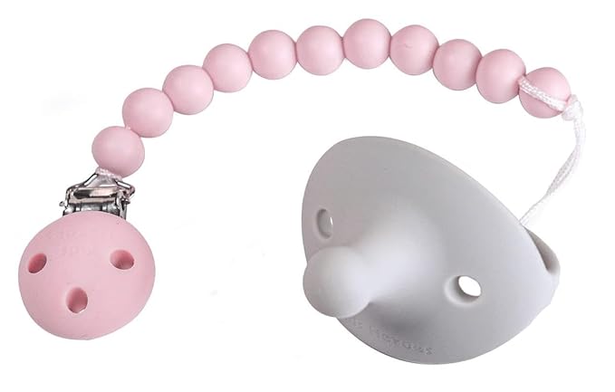 Kids Heroes Silicone Pacifier Holder Clip with One Piece Design for Baby, 2 Pack (Pink and Grey)