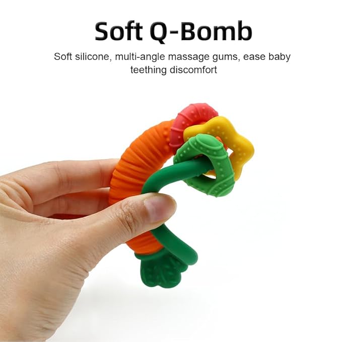 Baby Teether with Easy-Hold Handle, Silicone, BPA-Free, Soothe Sore Gums, Textured for Sensory Development, Teethable Surfaces - Baby Teething Toy for 3 Months & Up (Carrot and Chicken)