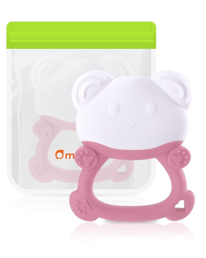 Water-Filled Freezable Baby Teether – Cooling Teething Toy for Babies 6+ Months, Gentle Comfort for Sore Gums, Includes Reusable Freezer Bags – Bear Pink