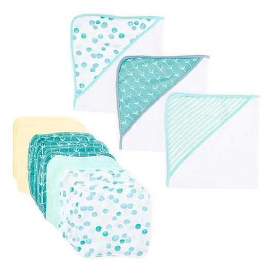 Spasilk Bath Hooded Towels & Washcloths Set for Babies, 23-Piece Gift Set, Green Dots