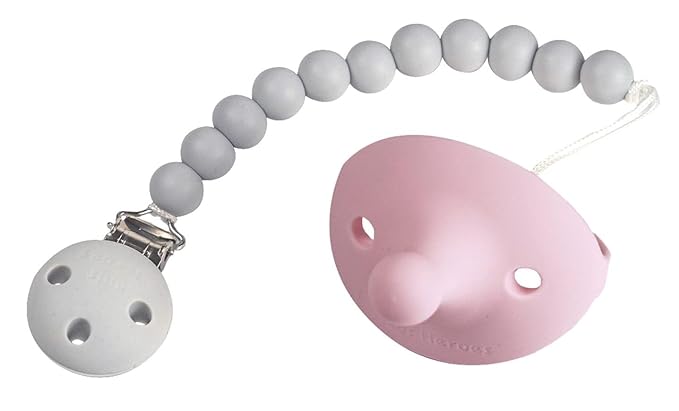 Kids Heroes Silicone Pacifier Holder Clip with One Piece Design for Baby, 2 Pack (Pink and Grey)