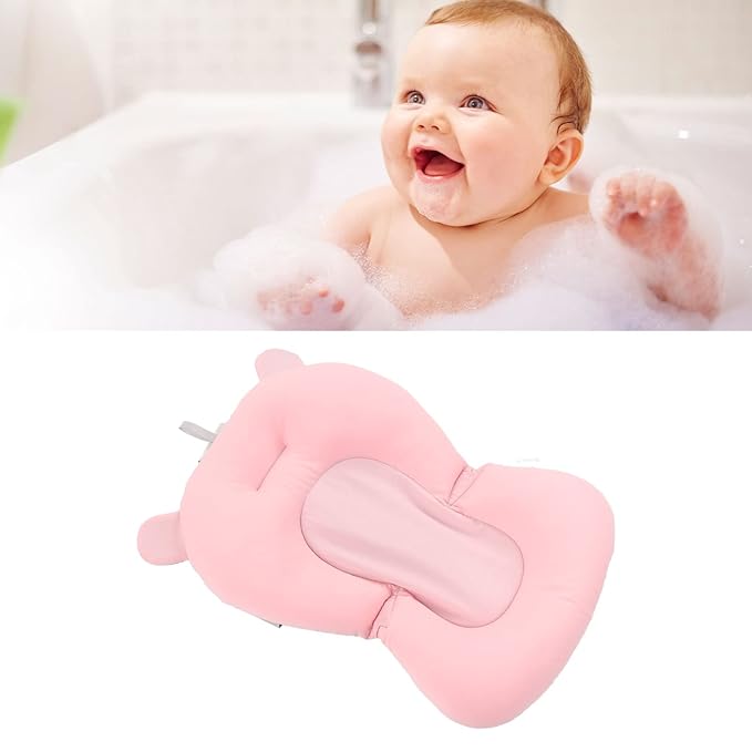 Baby Bath Seat Cushion, Floating Safe Foldable Adjustable Infant Bath Supporter for Newborn, Soft Bath Pillow Baby Bath Pillow for Bathtub (Pink Bear)