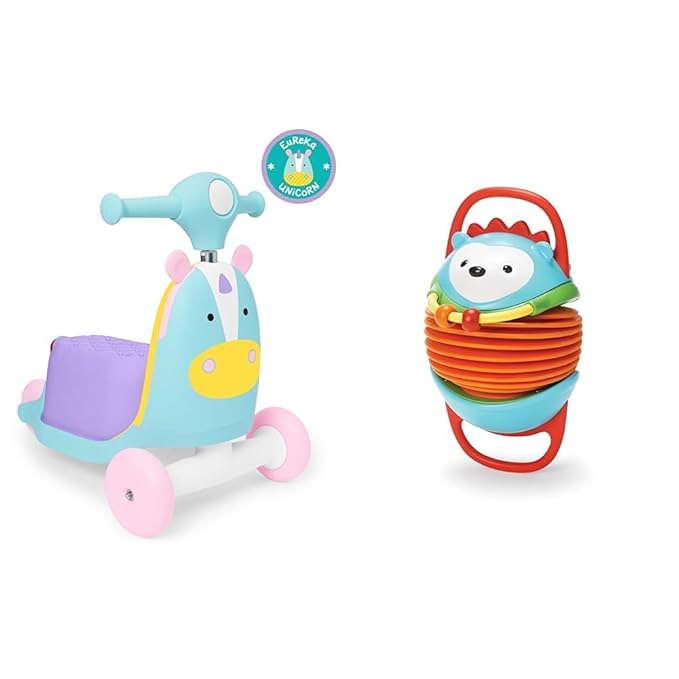 Skip Hop 3-in-1 Baby Activity Push Walker to Toddler Scooter, Zoo Unicorn & Accordian Baby Toy, Explore & More, Hedgehog