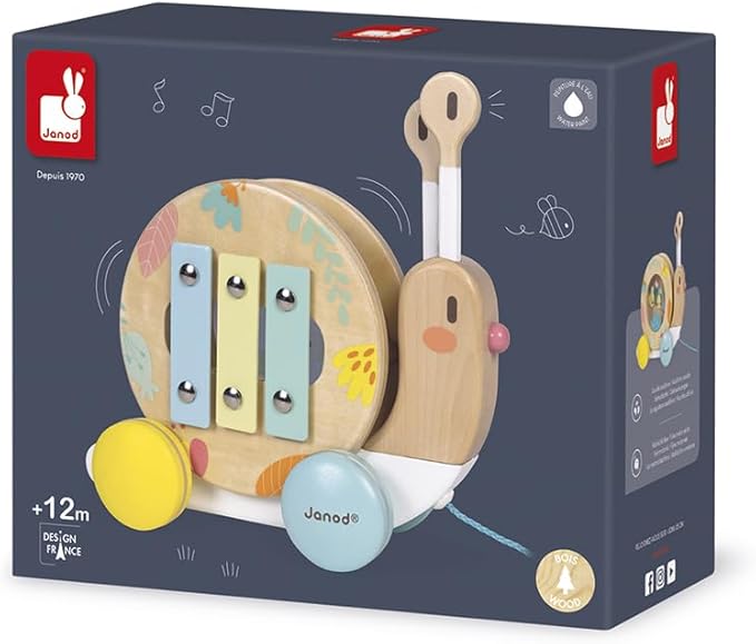 Janod Pure Pull Along Snail - Wooden 2-in1 Musical Toy - Ages 1+ - J05159