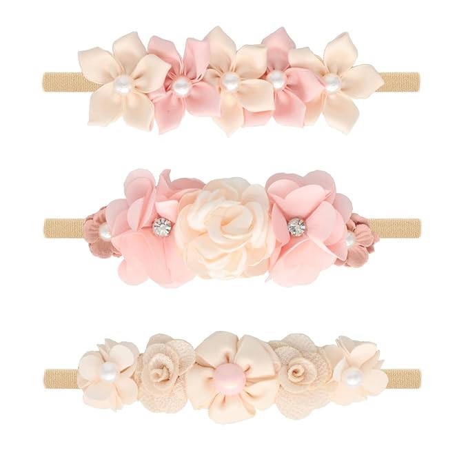 Baby Girl Flower Headbands Set, 3pcs Elastic Nylon Floral Hair Band, Bows Wrap for Infant Newborn Toddler