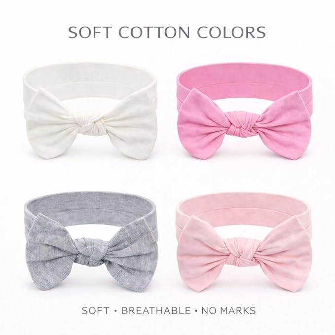 Baby Girl Headbands-Infant,Toddler Cotton Handmade Hairbands with Bows Child Hair Accessories (Soft White, Gray, Pink, Powder Pink)