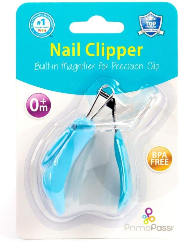 Primo Passi Baby Nail Clipper with Magnifier – Infant & Toddler Nail Trimmer with 5X Magnifying Glass, Safe Baby Nail Care Grooming Tool (Blue)