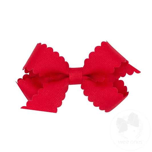 Wee Ones Girls' Classic Grosgrain Hair Bow with Scalloped Edges, No-Slip Hair Clip, Handmade, Red, Mini