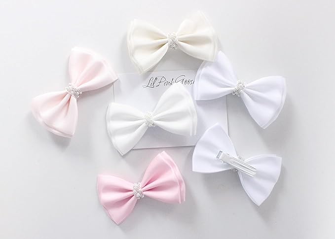 0-12 Newborn Baby Baptism Pearl Headband or Clip with Bow in WHITE Christening Headband with Satin Bow, Pearl Rhinestone Band (Off White Clip, 1 Count (Pack of 1))