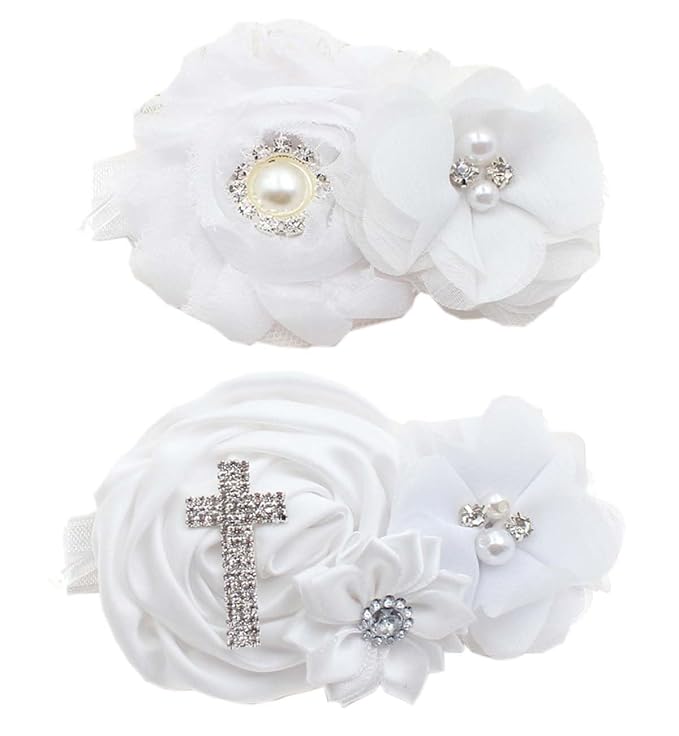 Baby Baptism Headband Lace Bow Headband Christening Headbands with Pearls TSFD30 (Cross Set)