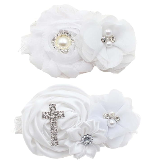 Baby Baptism Headband Lace Bow Headband Christening Headbands with Pearls TSFD30 (Cross Set)