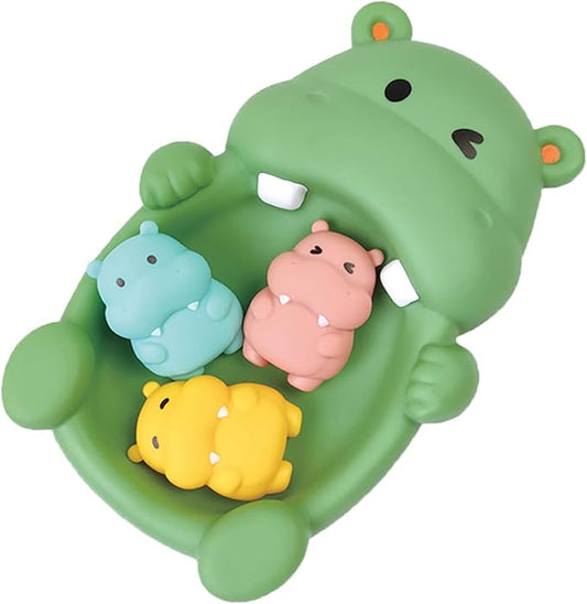 Seal & Hippo Family Bath Adventure Set, 1 Mother Seal & Hippo and 3 Baby Seal & Hippo, Soft Vinyl Material, One-Piece No Hole Design (Hippo)