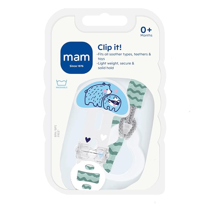 MAM Dummy Clip | Baby Soother Clips Fit All MAM Soothers | Adjustable Length and Lightweight Design | Baby Accessories | Blue (Various Designs) | Dummies Not Included