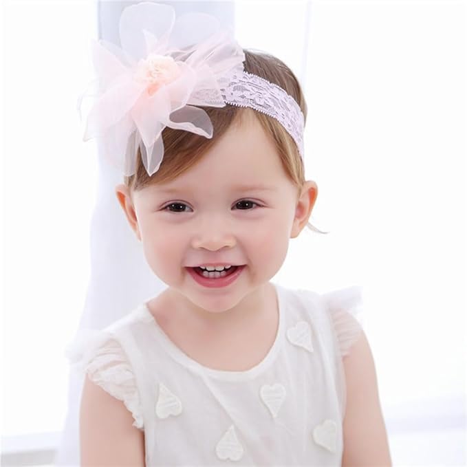 Lace Flower Bow Baby Girls Headband Pink Knot Infant Wrap Soft Chiffon Elastic Baby Turban Hair Band for Newborn Infant Toddler Kids (Pink B)