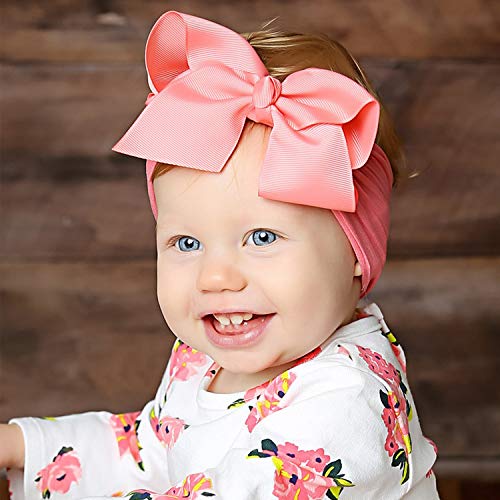 3 Pcs Baby Girls Headband Bows, Soft Nylon Hairbands Cute Big Bow Super Elastic Headband For Baby Girls Newborn Infant Toddlers (Beige Pink White, Large)