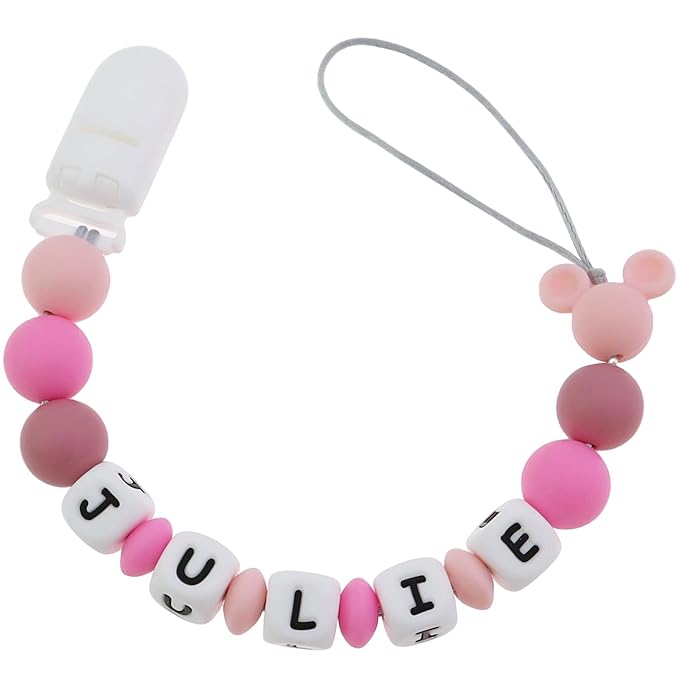 Customized Silicone Pacifier Clip, Pacifier Holder Sets for Boys and Girls, Personalized Adorable Mouse Pacifier Clips Fits for Most Pacifier, Baby Teethers, Baby Shower and Baby Gift (Pink)