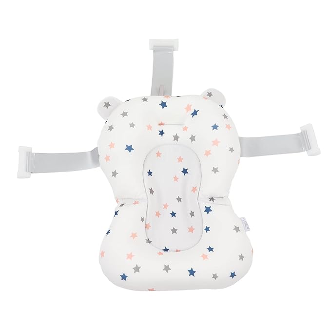 Baby Bath Cushion Pad - Newborn Bathtub Mat with Infant Bath Supporter Net and Nonslip Floating Seat (White Stars)