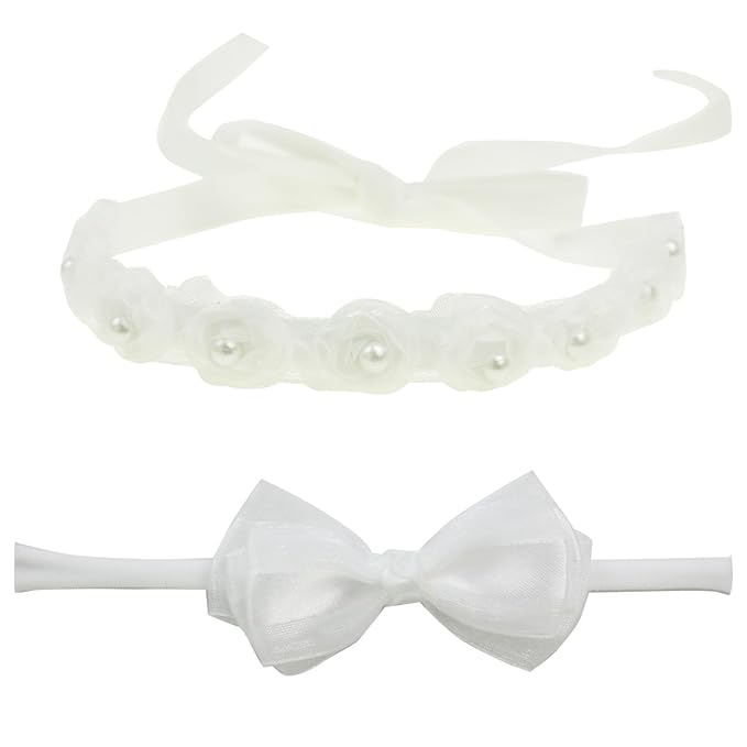 Baby Girl White Lace Tieback Flower Halo Crown and Small Bow Headbands Newborn Gift Sets