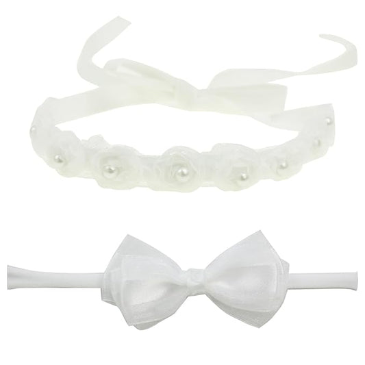 Baby Girl White Lace Tieback Flower Halo Crown and Small Bow Headbands Newborn Gift Sets