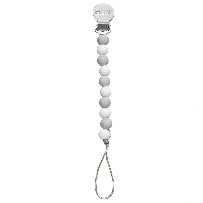 Ali+Oli Silicone Pacifier Clip for Baby (Thin Grey) 100% Food-Grade BPA Free Newborn Pacifier Holder Infant Binky Clip for Baby Boy or Girl